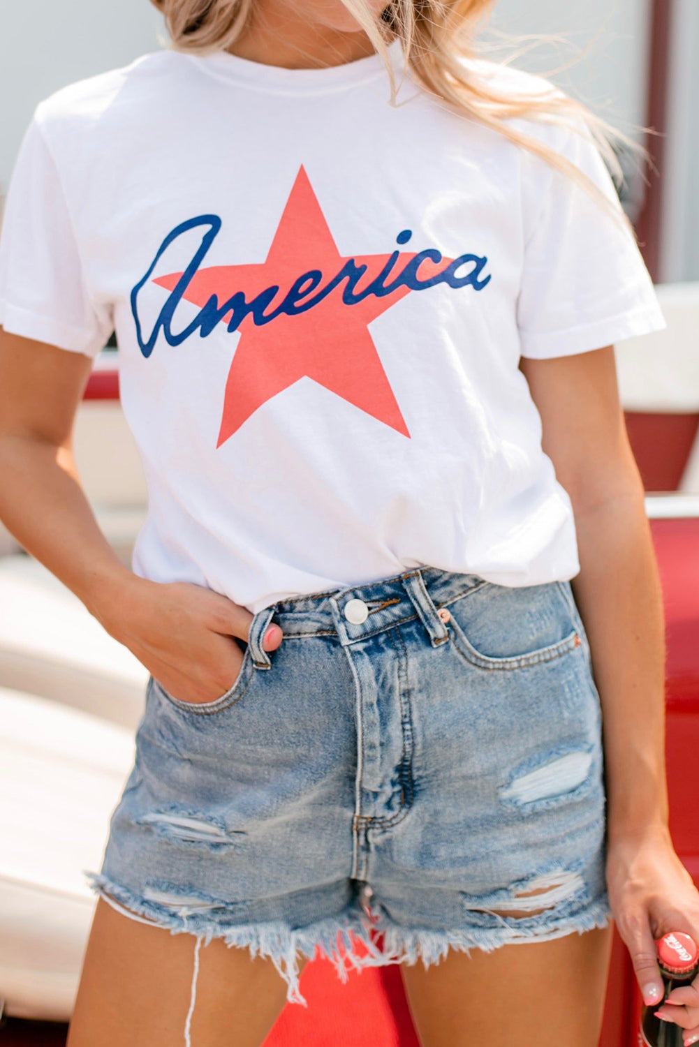 White America Star Shape Print O Neck Loose Fit T Shirt