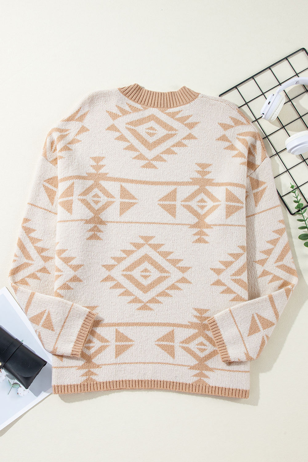 Plus Size Western Aztec Print Loose Sweater | Apricot