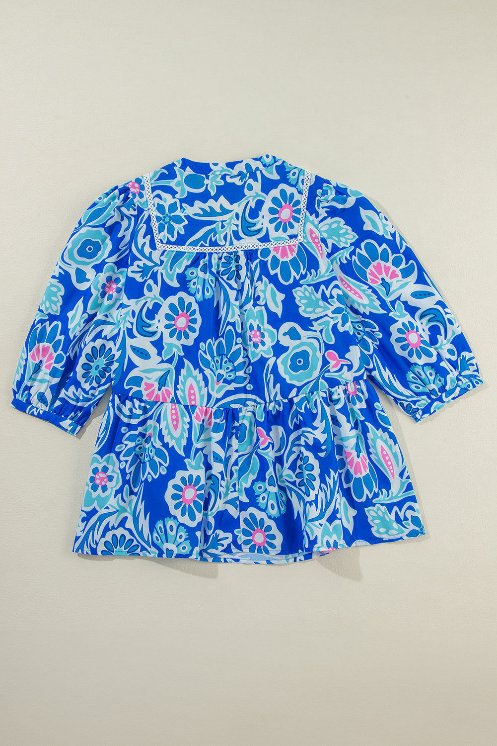 Mix Floral Printed Lace Detail Bracelet Sleeve Blouse | Blue