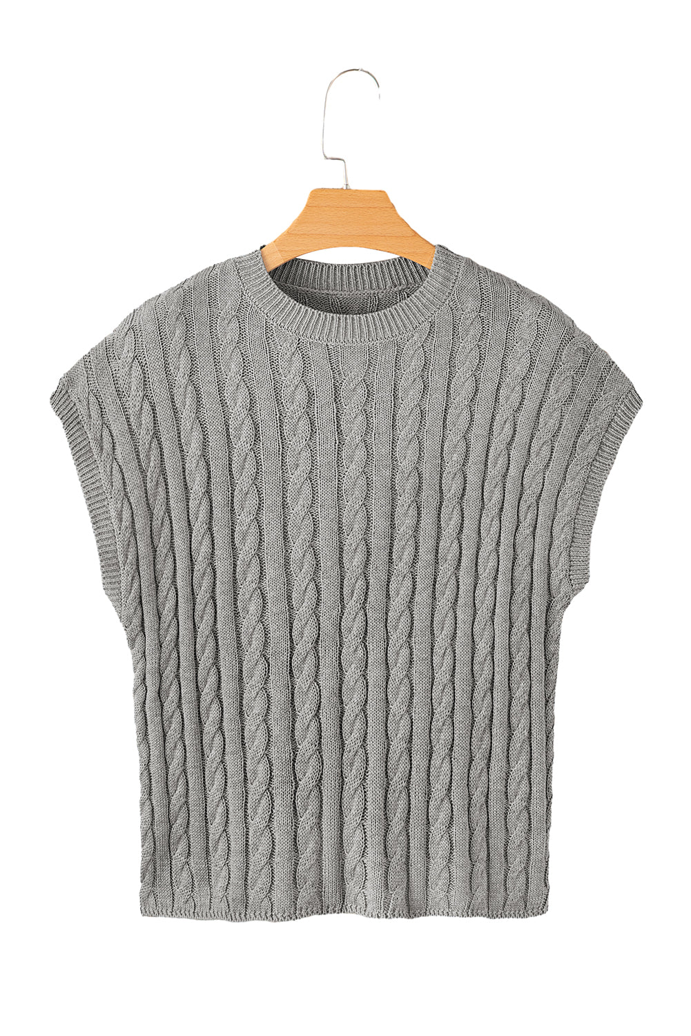 Crew Neck Cable Knit Short Sleeve Sweater | Gray