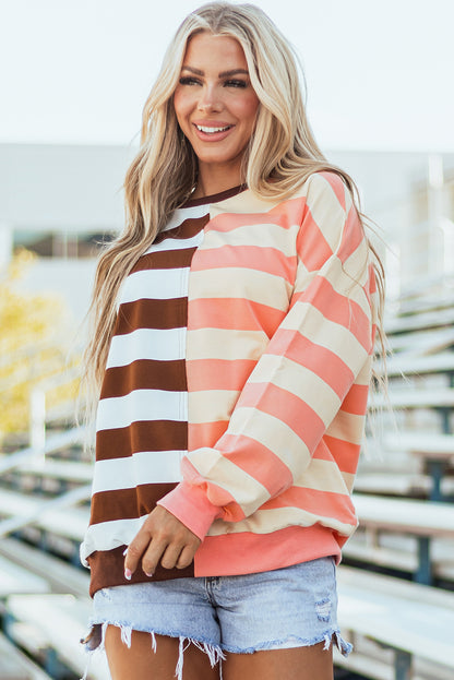 Colour Block Drop Shoulder Pullover Sweatshirt | Brown Stripe