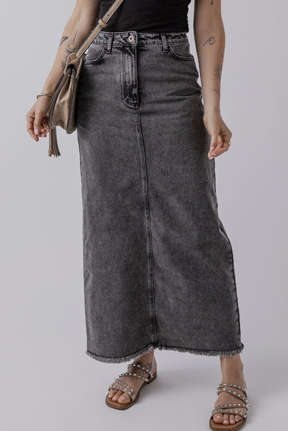 Denim Raw Hem Back Split High Waist Long Skirt | Dark Grey