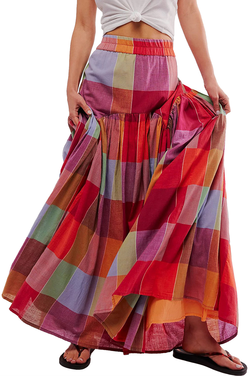 Plaid Print Ruched High Waist Casual Maxi Skirt | Multicolour