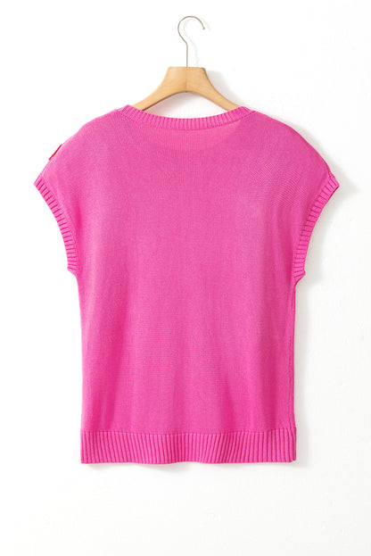 Flower Embroidery Short Sleeve Knitwear Top | Bright Pink