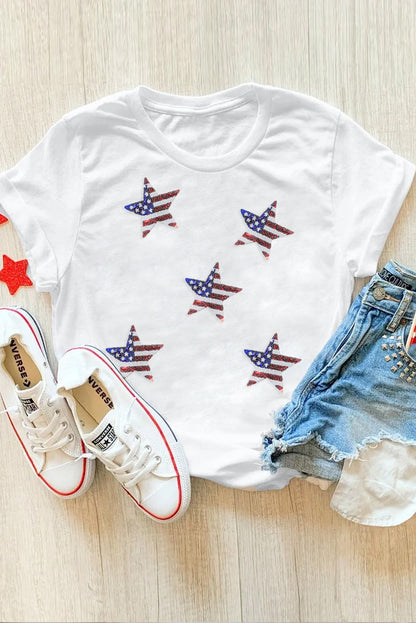 Sequined American Flag Star Graphic T Shirt | White