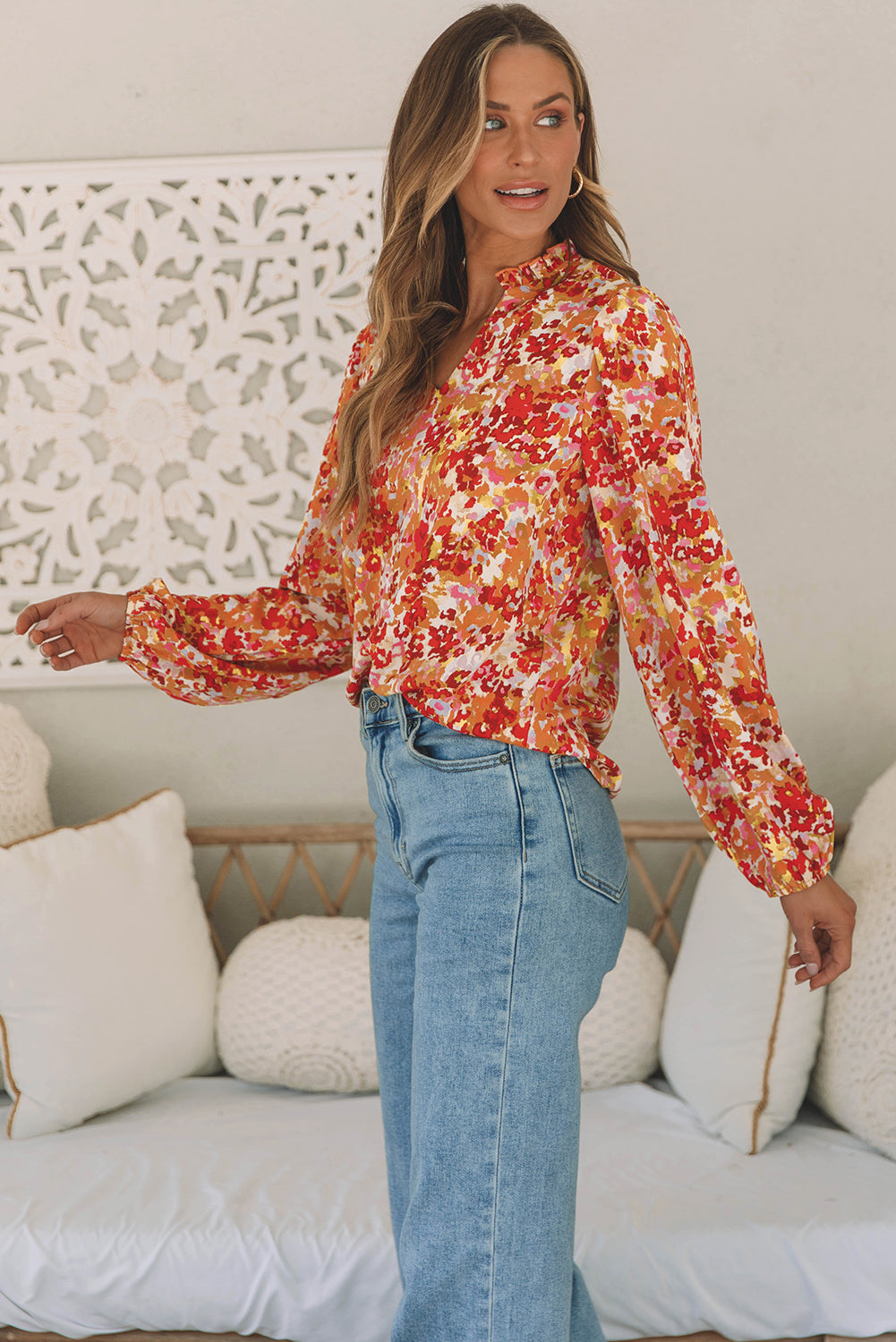 Frilled Split Neck Bubble Sleeve Floral Blouse | Grapefruit Orange