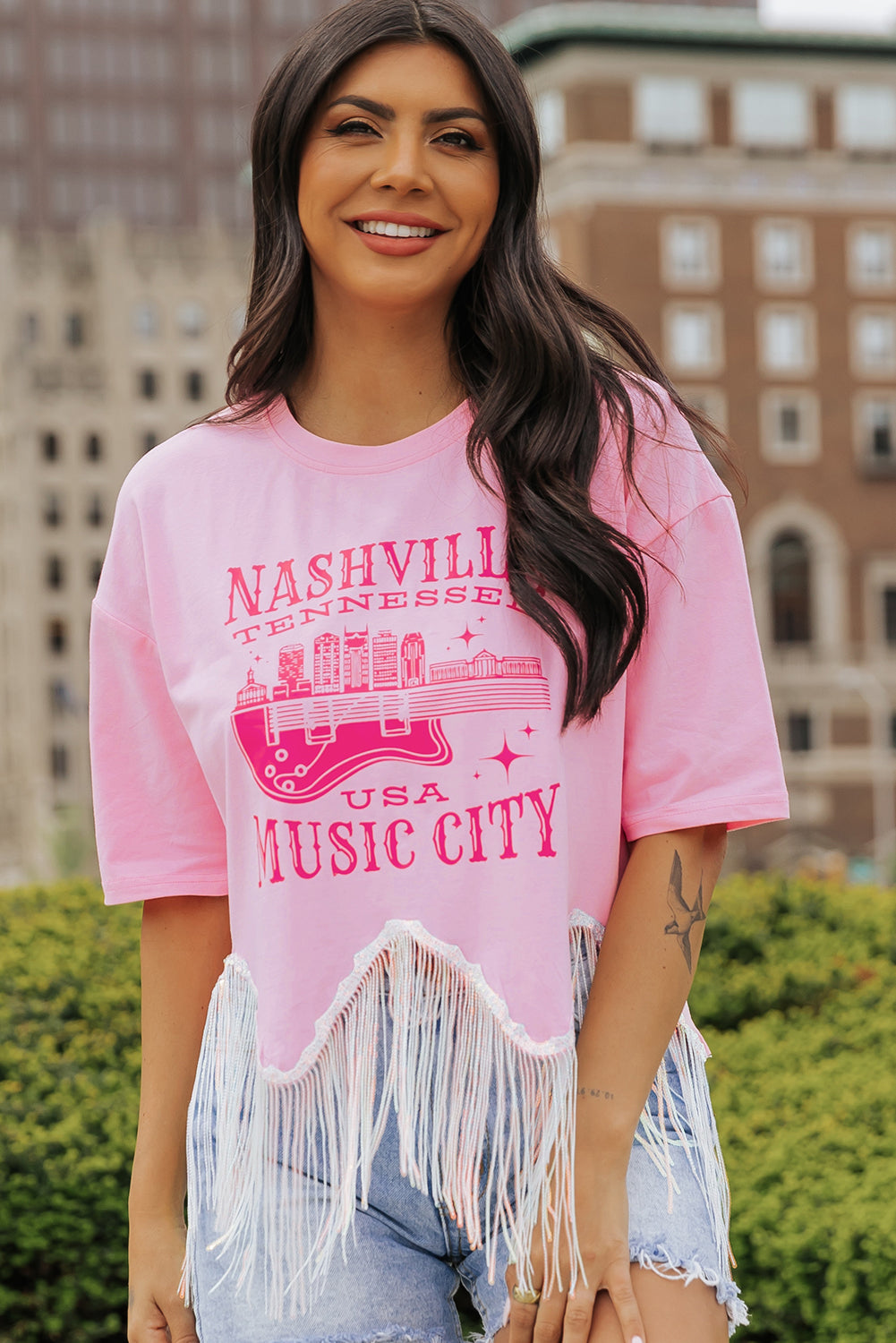 Pink NASHVILE MUSIC CITY Graphic Sequin Fringed Hem Tee