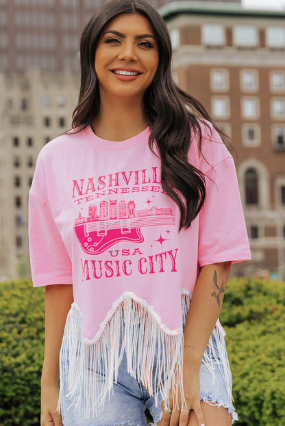 Pink NASHVILE MUSIC CITY Graphic Sequin Fringed Hem Tee