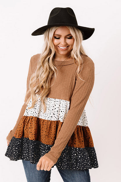 Ribbed Long Sleeve Dotted Tiered Ruffled Flowy Top | Brown