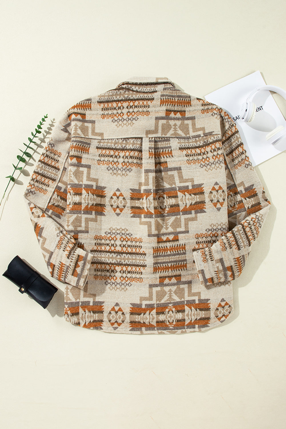 Aztec Geometric Print Pockets Plus Size Jacket | White