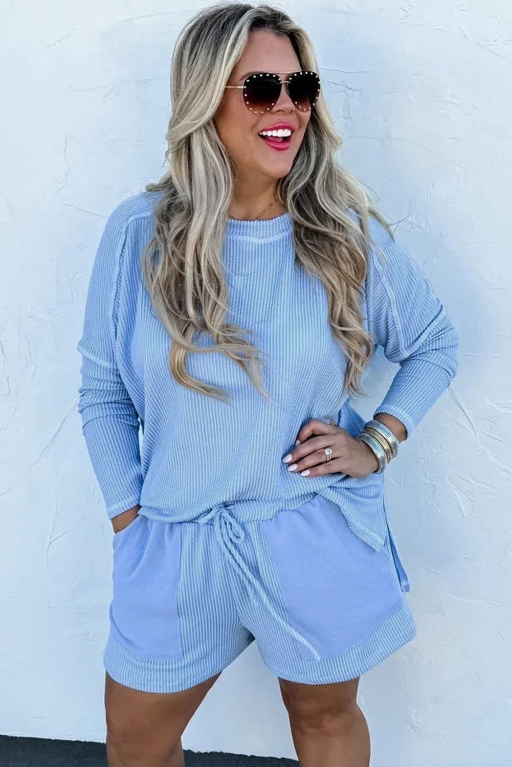 Plus Size Ribbed Long Sleeve Top And Drawstring Shorts Set | Light Blue