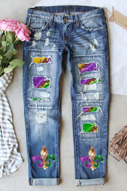 Sky Blue Shiny Mardi Gras Fleur-de-lis Patch Distressed Jeans