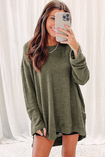 Waffle Knit High Slits Oversized Top | Green