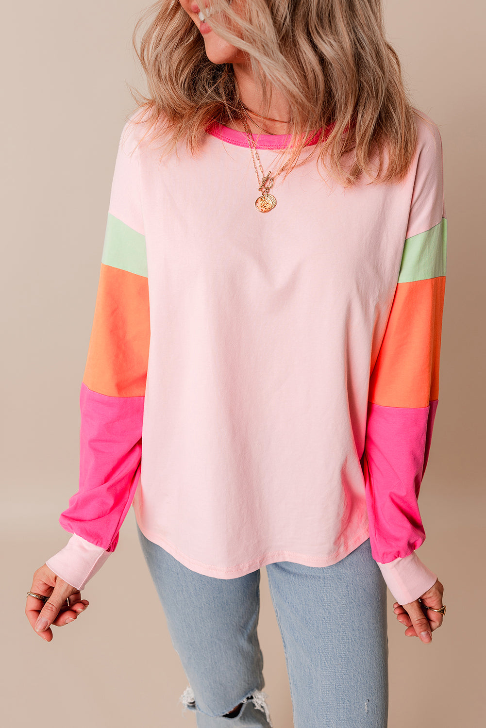 Colourblock Patchwork Long Sleeve Loose Top | Pink