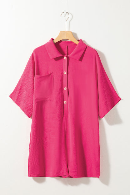 Half Button Collared Loose Romper | Bright Pink