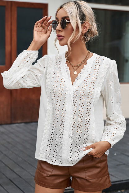 Eyelet Lace Puff Sleeve Split Neck Blouse | White