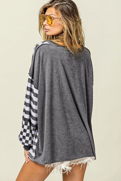 Dark Grey Checkerboard Striped Patchwork Lantern Sleeve Pocketed Blouse | Black