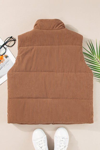 Corduroy Stand Neck Zipped Puffer Vest | Coffee