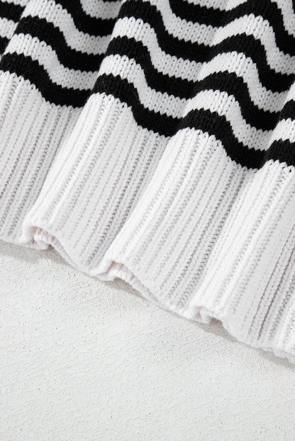 Black White Striped Drop Shoulder Bishop Sleeve Knit Sweater | Black white