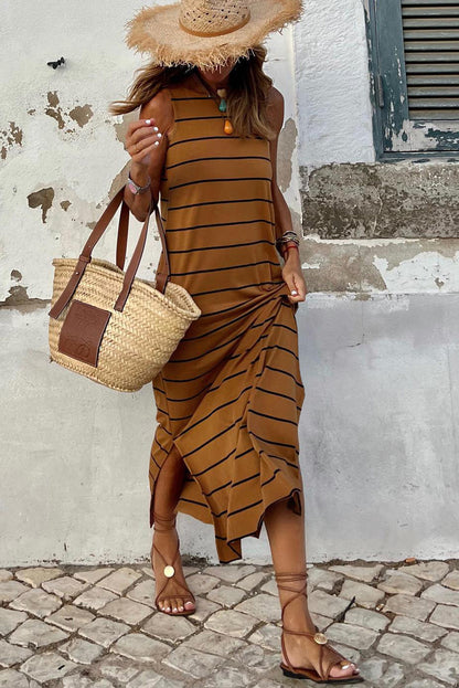 Stripe Print Open Back Sleeveless Maxi Dress With Slits | Brown