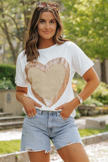 Valentine'S Day Sequined Heart Crew Neck Short Sleeve Top | White