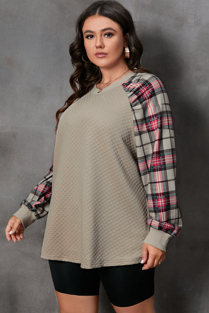 Plus Size Plaid Raglan Sleeve Crew Neck Sweatshirt | Apricot