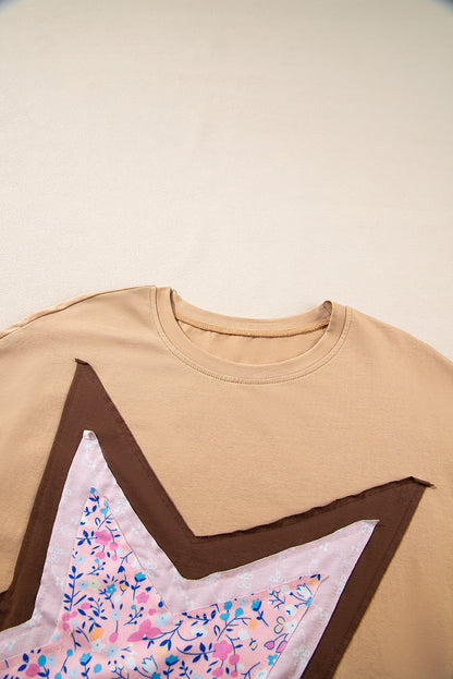 Floral Star Patchwork 3/4 Long Sleeve Top | Camel