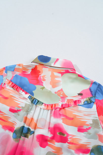 Abstract Print Ruffled Puff Sleeve Shirt | Rose