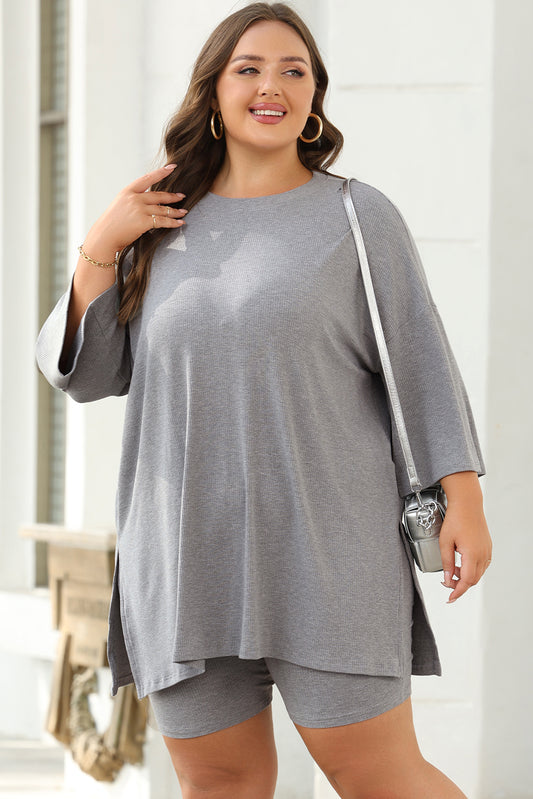 Solid Colour Loose Tunic Top And Slim Shorts Set | Light Grey