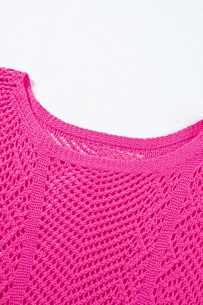 Pointelle Knit Scallop Edge Short Sleeve Top | Rose Red