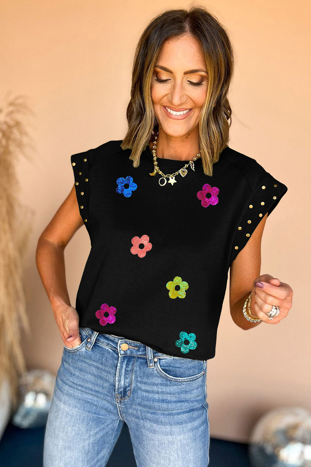 Shiny Flower Graphic Studded Cap Sleeve T Shirt | Black