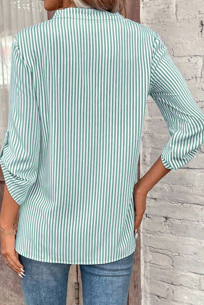 V Neck Roll Up Sleeve Pocket Patched Classic Shirt | Green Stripe