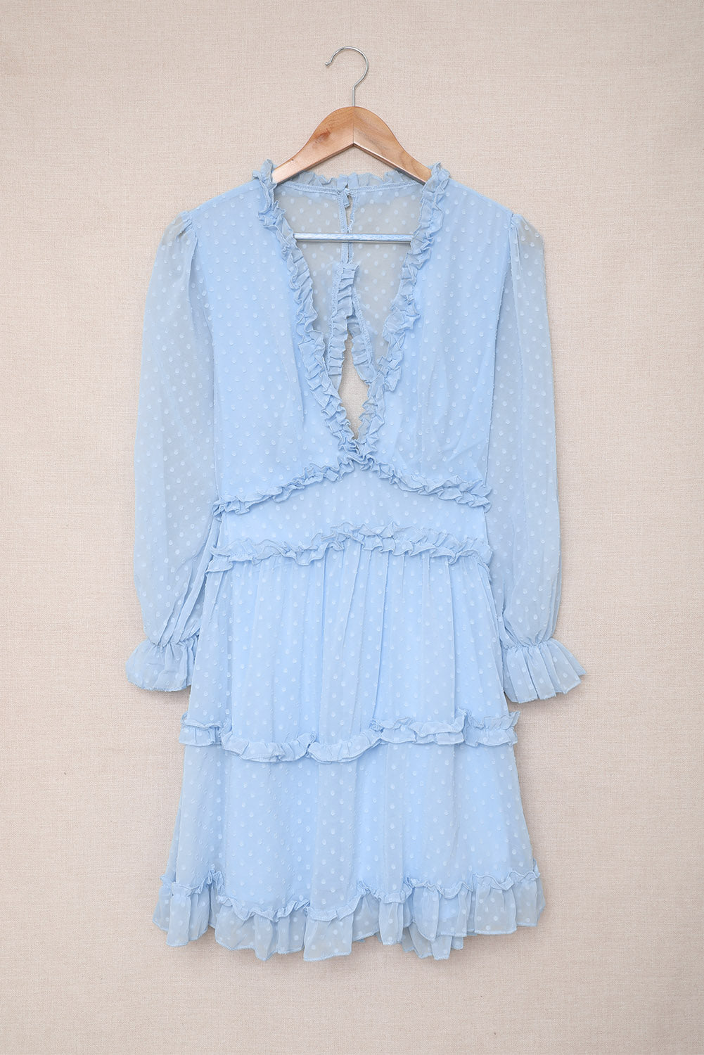 Layered Ruffled Open Back Puff Sleeve Swiss Dot Mini Dress | Sky Blue