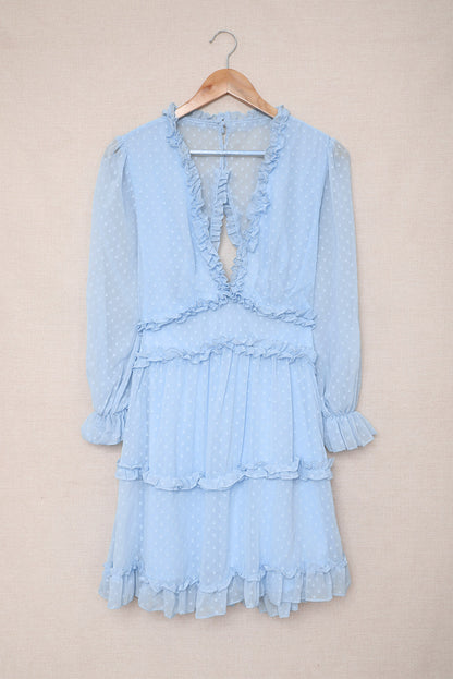 Layered Ruffled Open Back Puff Sleeve Swiss Dot Mini Dress | Sky Blue