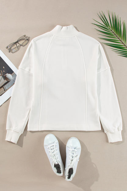 Zipped Neck Pullover Drop Shoulder Sweatshirt | White