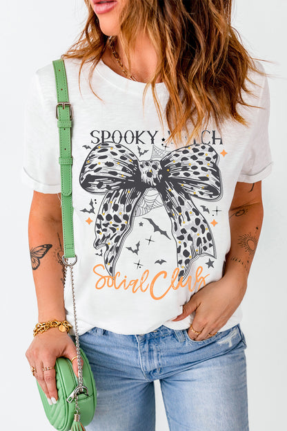 Spooky Witch Leopard Bowknot Bat Graphic Halloween T Shirt | White