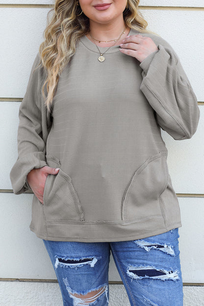 Ribbed Side Pockets Long Sleeve Plus Size Top | Gray