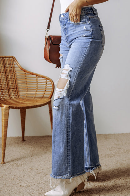 Distressed Raw Hem Straight Leg High Waist Jeans | Ashleigh Blue