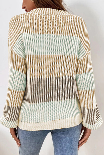 Colourblock Textured Knit Bubble Sleeve Sweater | Brown