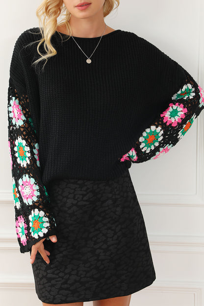 Floral Crochet Bell Sleeve Loose Sweater | Black