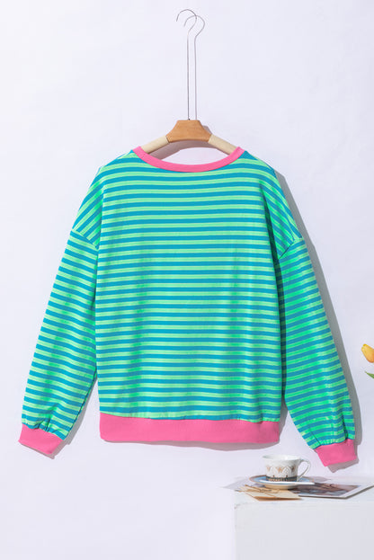 Oversized Contrast Trim Pullover Sweatshirt | Sky Blue Stripe