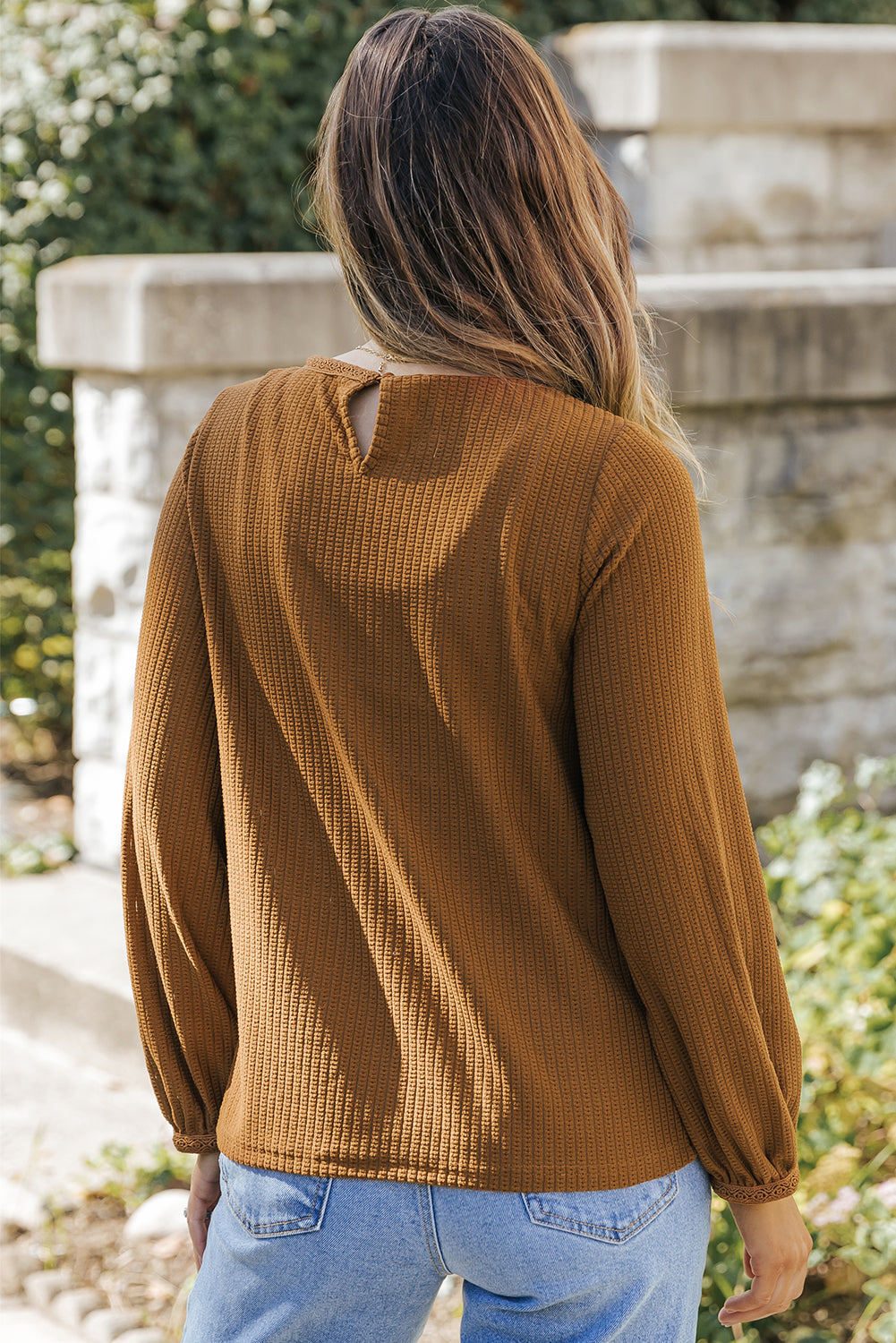 Textured Round Neck Puff Sleeve Top | Brown