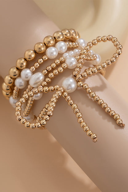 Bow Knot Pearl Beaded Multi Layered Bracelet Set | Gold