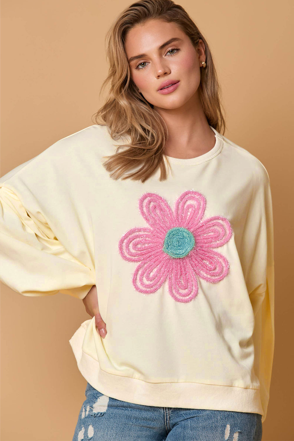 Tinsel Flower Dropped Puff Sleeve Sweatshirt | Beige