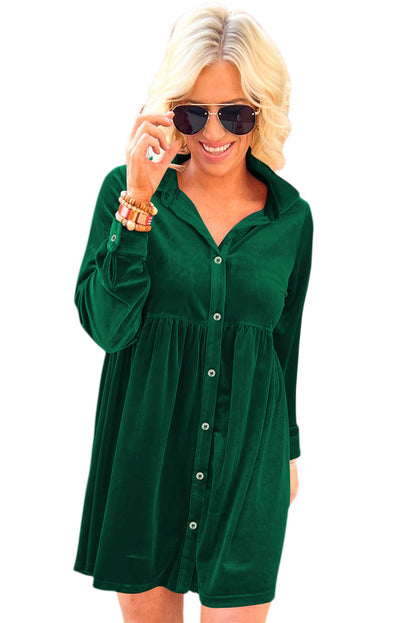 Long Sleeve Ruffle Velvet Button Up Dress | Green