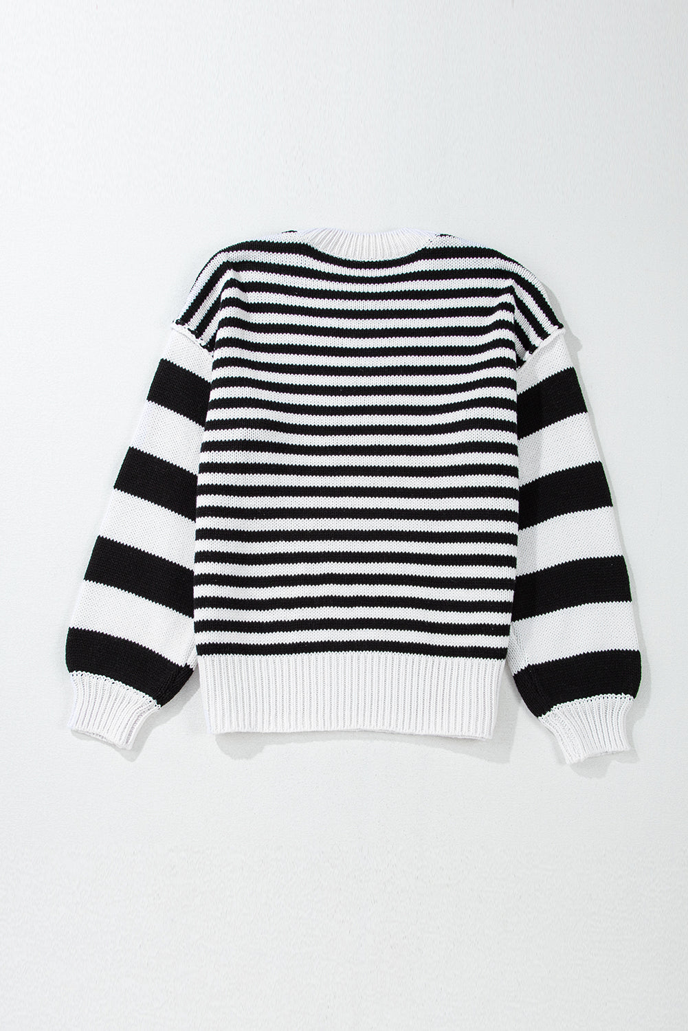 Black White Striped Drop Shoulder Bishop Sleeve Knit Sweater | Black white