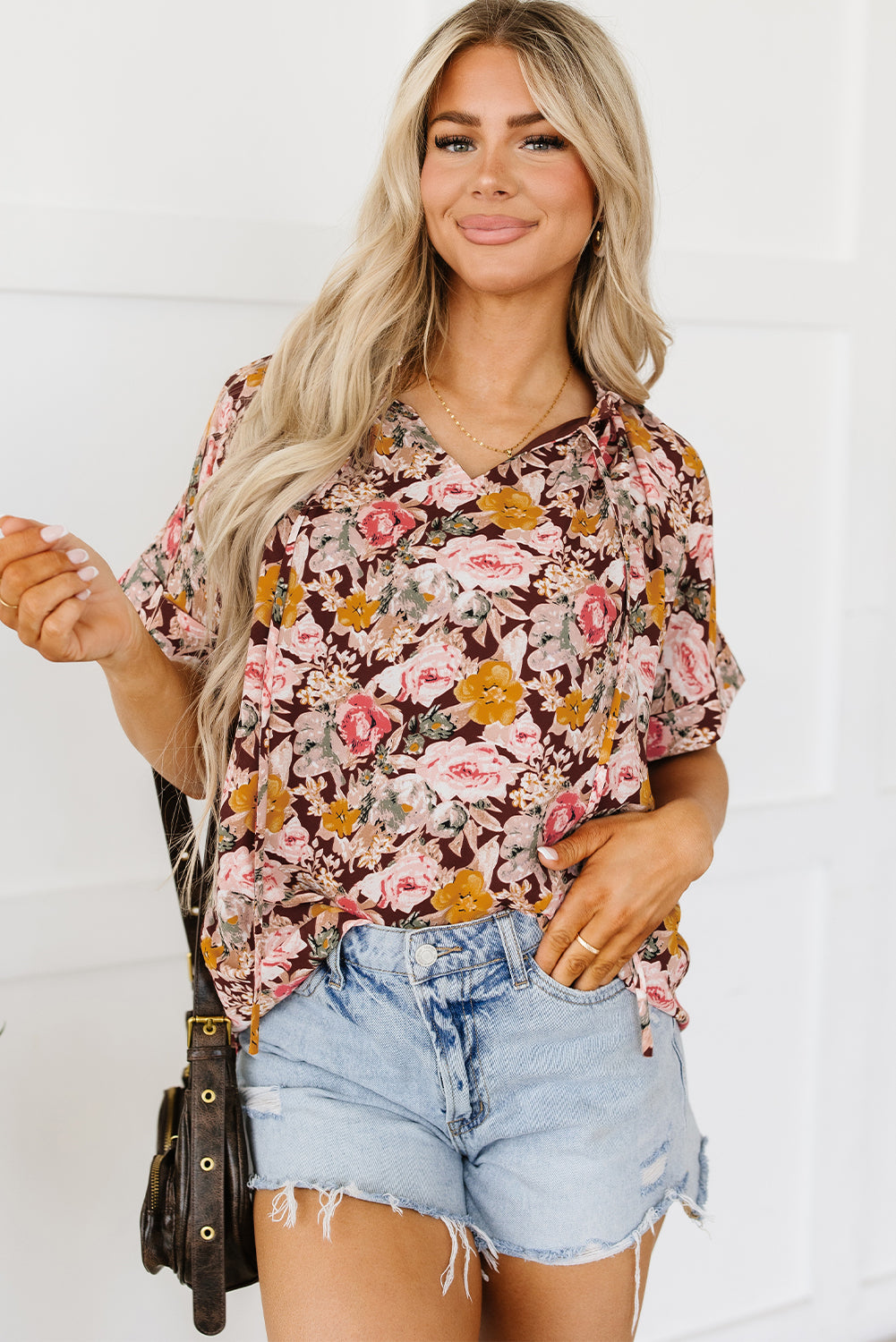 Floral Print Bubble Hem Split Neck Blouse | Pink