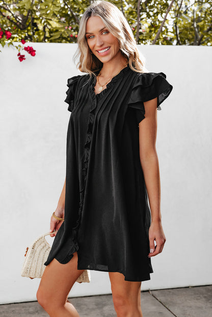 Ruffle Sleeve V Neck Frilled Shift Dress | Black