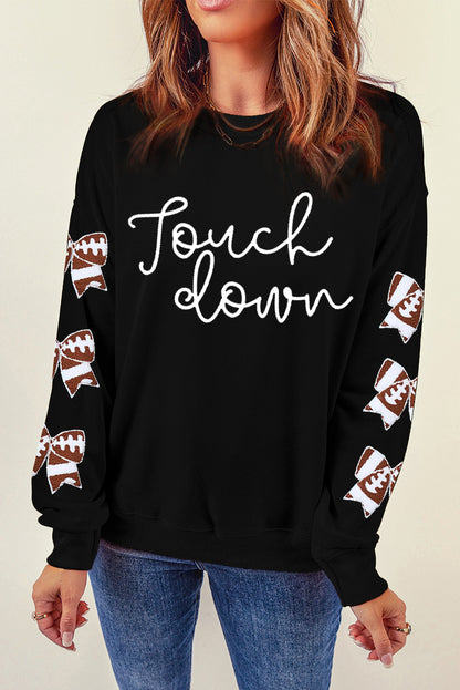 Touch Down Graphic Rugby Football Bowknot Patched Sleeve Sweatshirt | Black