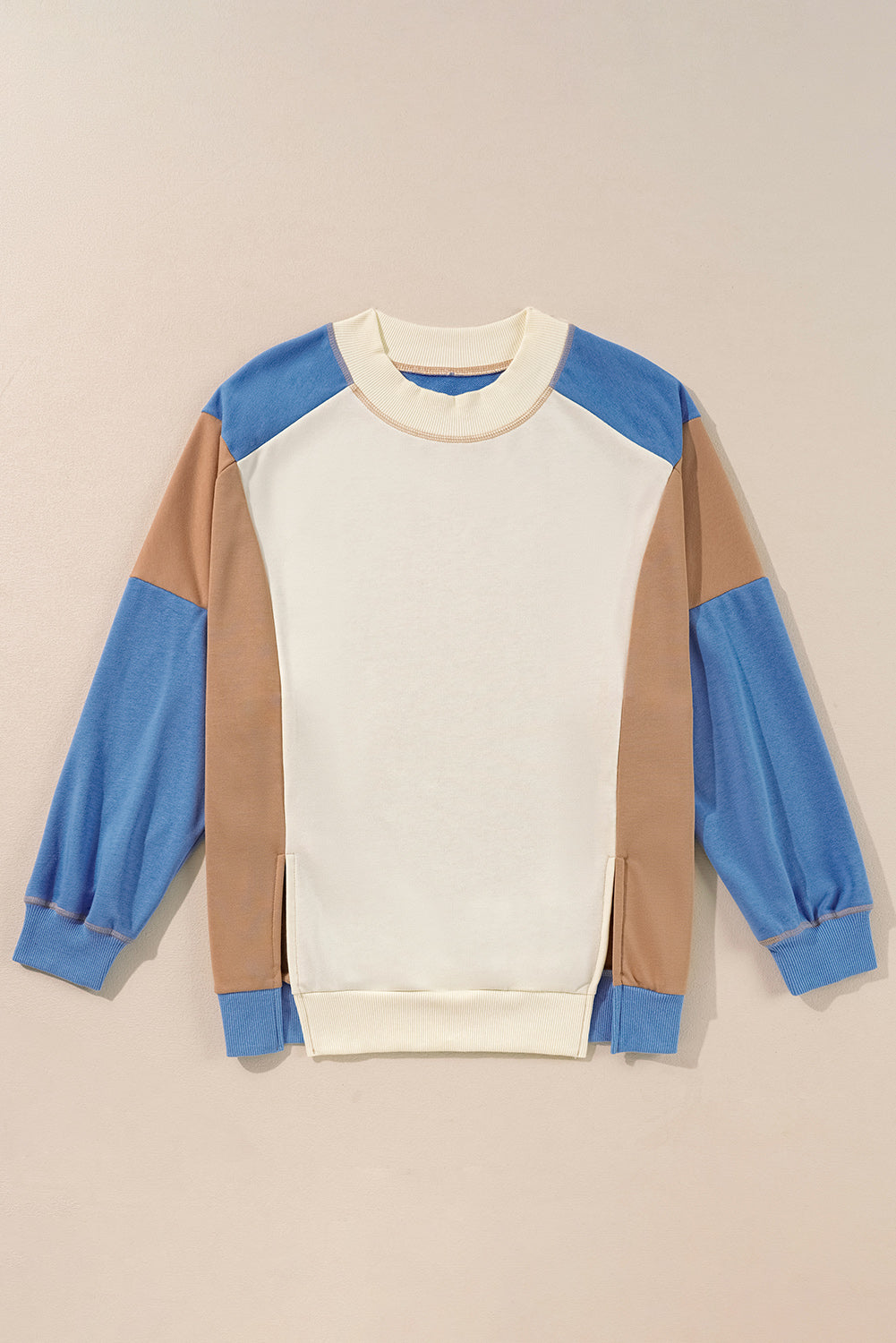 Ribbed Detail Colour Block Sleeve Baggy Sweatshirt | Sky Blue